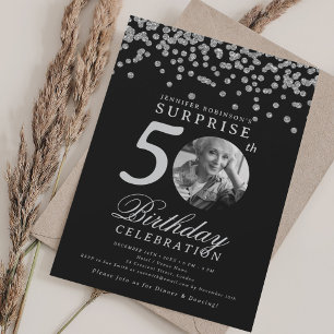 SURPRISE Photo 50th Birthday Silver Confetti Black Invitation