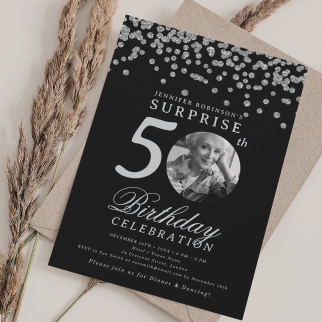 SURPRISE Photo 50th Birthday Silver Confetti Black Invitation (SURPRISE Photo 50th Birthday Silver Confetti Black Invitation)