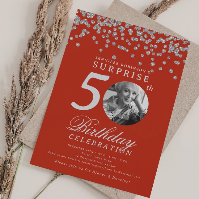 SURPRISE Photo 50th Birthday Silver Confetti Red Invitation (SURPRISE Photo 50th Birthday Silver Confetti Red Invitation)