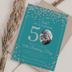 SURPRISE Photo 50th Birthday Silver Turquoise Invitation