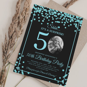 SURPRISE Photo 50th Birthday Turquoise Confetti Invitation