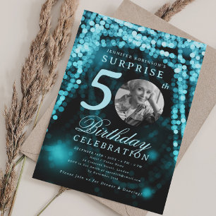 SURPRISE Photo 50th Birthday Turquoise Glam Lights Invitation