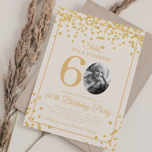 SURPRISE Photo 60th Birthday Gold Confetti Beige Invitation