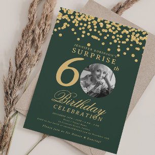 SURPRISE Photo 60th Birthday Gold Confetti Green Invitation