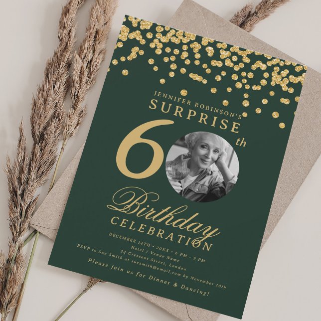 SURPRISE Photo 60th Birthday Gold Confetti Green Invitation (SURPRISE Photo 60th Birthday Gold Confetti Green Invitation)