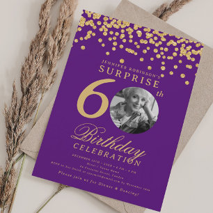 SURPRISE Photo 60th Birthday Gold Confetti Purple Invitation