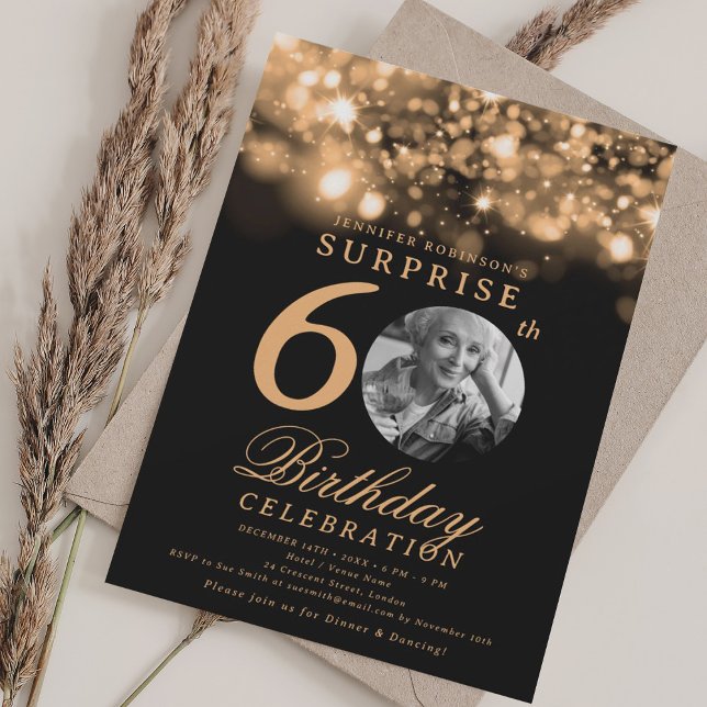 SURPRISE Photo 60th Birthday Gold Midnight Glam  Invitation (SURPRISE Photo 60th Birthday Gold Midnight Glam Invitation)