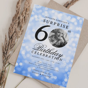 SURPRISE Photo 60th Birthday Navy Blue Bokeh Invitation
