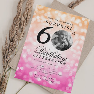 SURPRISE Photo 60th Birthday Orange Pink Bokeh Invitation