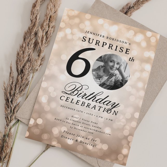 SURPRISE Photo 60th Birthday Party Rose Gold Bokeh Invitation (SURPRISE Photo 60th Birthday Party Rose Gold Bokeh Invitation)