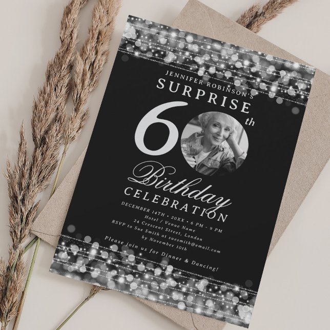 SURPRISE Photo 60th Birthday Party Silver Lights Invitation (SURPRISE Photo 60th Birthday Party Silver Lights Invitation)