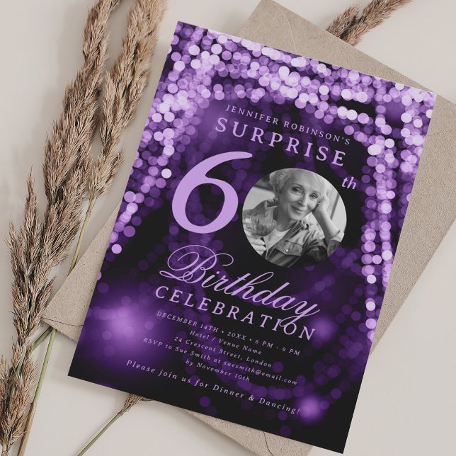 SURPRISE Photo 60th Birthday Purple Glam Lights Invitation (SURPRISE Photo 60th Birthday Purple Glam Lights Invitation)