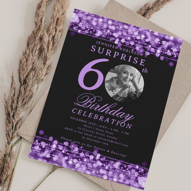 SURPRISE Photo 60th Birthday Purple Lights Invitation (SURPRISE Photo 60th Birthday Purple Lights Invitation)
