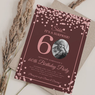 SURPRISE Photo 60th Birthday Rose Gold Burgundy Invitation
