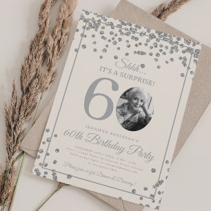 SURPRISE Photo 60th Birthday Silver Confetti Beige Invitation