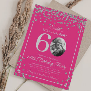 SURPRISE Photo 60th Birthday Silver Hot Pink Invitation