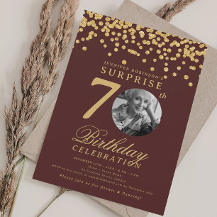 SURPRISE Photo 70 Birthday Gold Confetti Burgundy Invitation