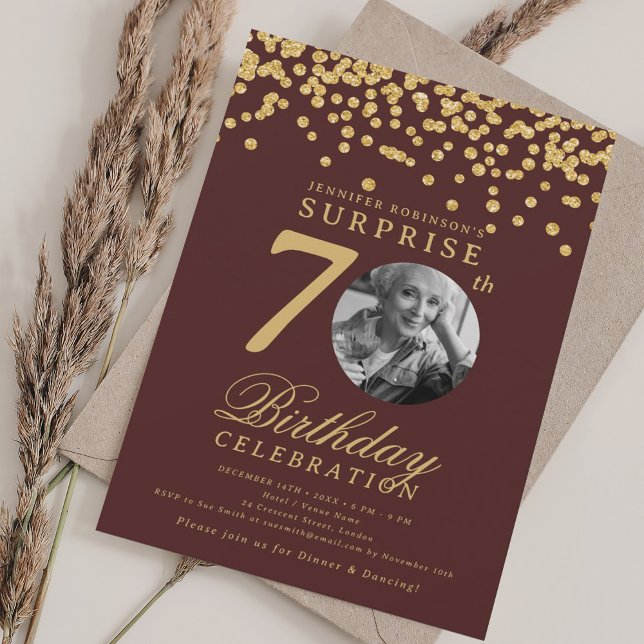 SURPRISE Photo 70 Birthday Gold Confetti Burgundy Invitation (SURPRISE Photo 70 Birthday Gold Confetti Burgundy Invitation)