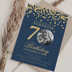 SURPRISE Photo 70 Birthday Gold Confetti Navy Blue Invitation