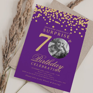 SURPRISE Photo 70 Birthday Gold Confetti Purple  Invitation