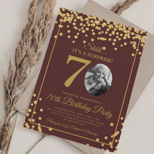 SURPRISE Photo 70 Birthday Gold Glitter Burgundy  Invitation