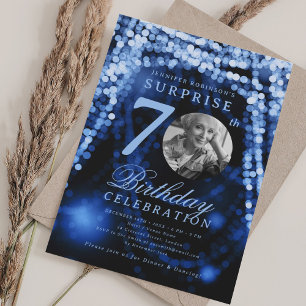 SURPRISE Photo 70th Birthday Blue Glam Lights Invitation