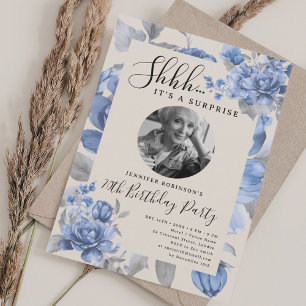 SURPRISE Photo 70th Birthday Garden in Bloom Blue Invitation