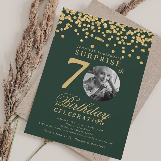 SURPRISE Photo 70th Birthday Gold Confetti Green  Invitation (SURPRISE Photo 70th Birthday Gold Confetti Green Invitation)