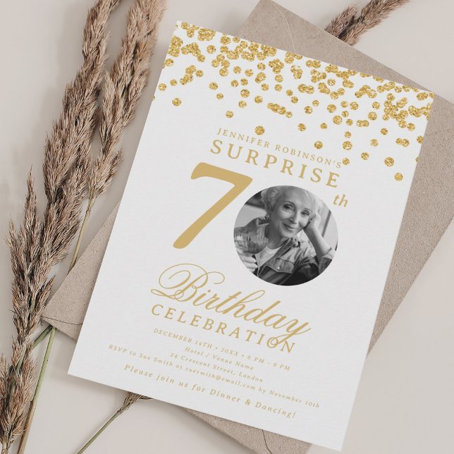 SURPRISE Photo 70th Birthday Gold Confetti Invitation (SURPRISE Photo 70th Birthday Gold Confetti Invitation)