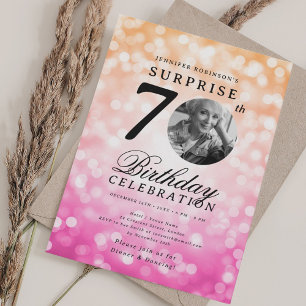 SURPRISE Photo 70th Birthday Orange Pink Bokeh Invitation