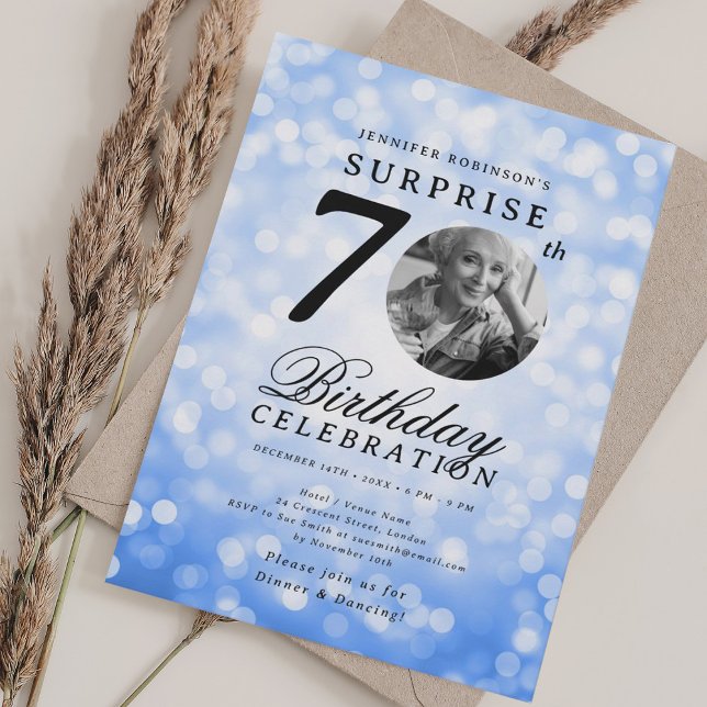 SURPRISE Photo 70th Birthday Party Navy Blue Bokeh Invitation (SURPRISE Photo 70th Birthday Party Navy Blue Bokeh Invitation)