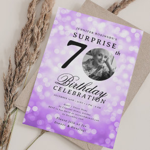 SURPRISE Photo 70th Birthday Party Purple Bokeh Invitation