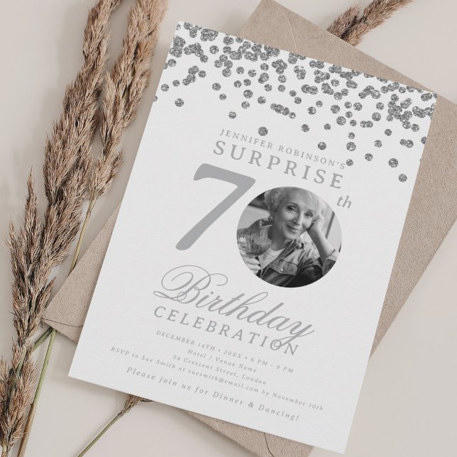 SURPRISE Photo 70th Birthday Party Silver Confetti Invitation (SURPRISE Photo 70th Birthday Party Silver Confetti Invitation)