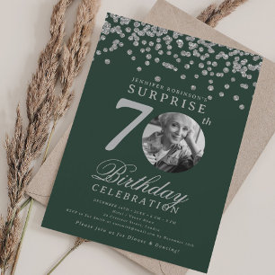 SURPRISE Photo 70th Birthday Party Silver Green Invitation