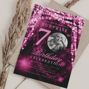 SURPRISE Photo 70th Birthday Pink Glam Lights Invitation
