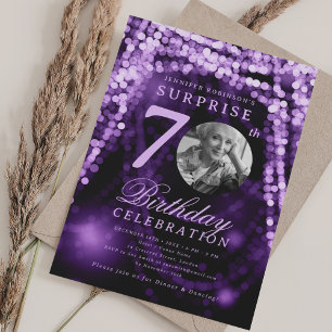 SURPRISE Photo 70th Birthday Purple Glam Lights  Invitation