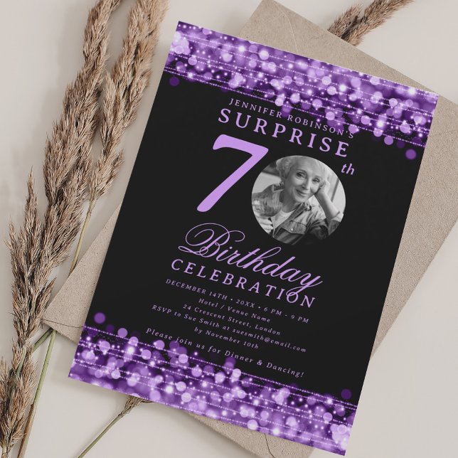 SURPRISE Photo 70th Birthday Purple Lights Invitation (SURPRISE Photo 70th Birthday Purple Lights Invitation)