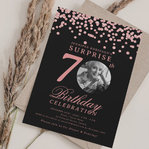 SURPRISE Photo 70th Birthday Rose Gold Black  Invitation