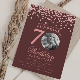 SURPRISE Photo 70th Birthday Rose Gold Burgundy  Invitation