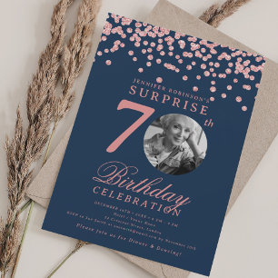 SURPRISE Photo 70th Birthday Rose Gold Navy Blue Invitation