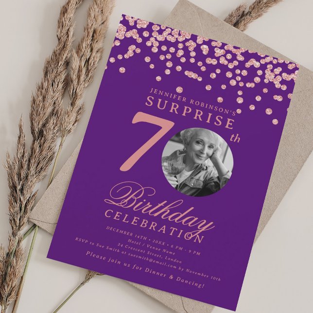 SURPRISE Photo 70th Birthday Rose Gold Purple  Invitation (SURPRISE Photo 70th Birthday Rose Gold Purple Invitation)