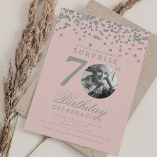 SURPRISE Photo 70th Birthday Silver Blush Pink  Invitation