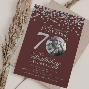 SURPRISE Photo 70th Birthday Silver Burgundy Invitation