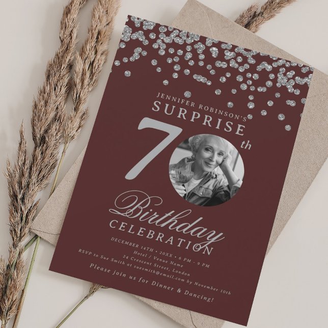 SURPRISE Photo 70th Birthday Silver Burgundy  Invitation (SURPRISE Photo 70th Birthday Silver Burgundy Invitation)