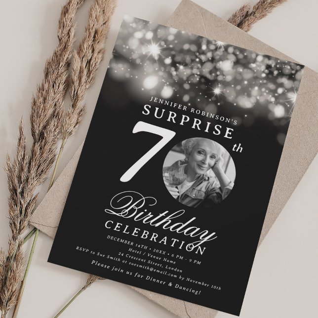 SURPRISE Photo 70th Birthday Silver Midnight  Invitation (SURPRISE Photo 70th Birthday Silver Midnight Invitation)