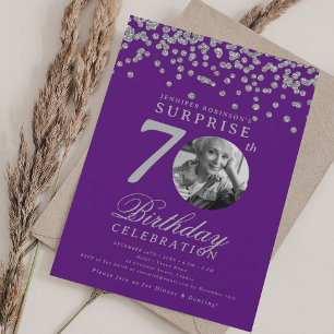 SURPRISE Photo 70th Birthday Silver Purple  Invitation