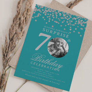 SURPRISE Photo 70th Birthday Silver Turquoise Invitation