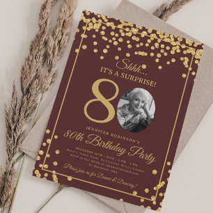 SURPRISE Photo 80 Birthday Gold Confetti Burgundy Invitation