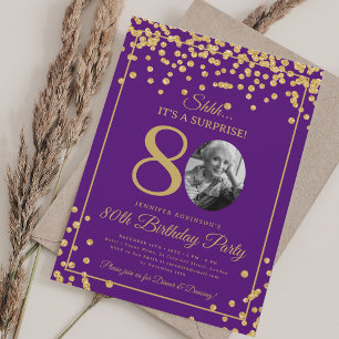 SURPRISE Photo 80 Birthday Gold Confetti Purple  Invitation