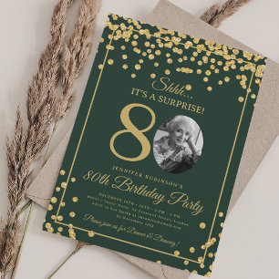 SURPRISE Photo 80th Birthday Gold Confetti Green  Invitation